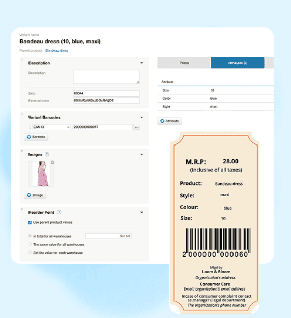 A screenshot of the Kladana manufacturing inventory software, showing a product detail page for a dress variant and a generated barcode label preview with pricing, product attributes, and manufacturer details