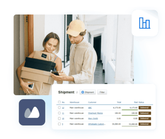 A screenshot of the Kladana order management dashboard,  showing a delivery person handing packages to a customer, with an overlay of the Kladana order management system interface.