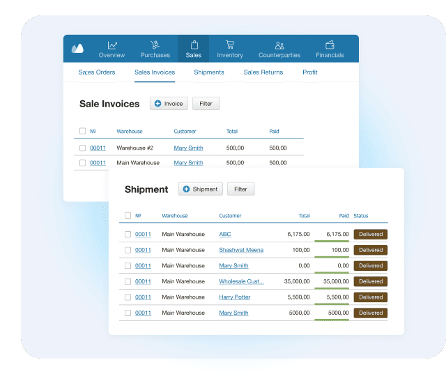 Kladana Sales Module interface showing detailed sales invoices linked to corresponding sales orders, shipments, and related operations