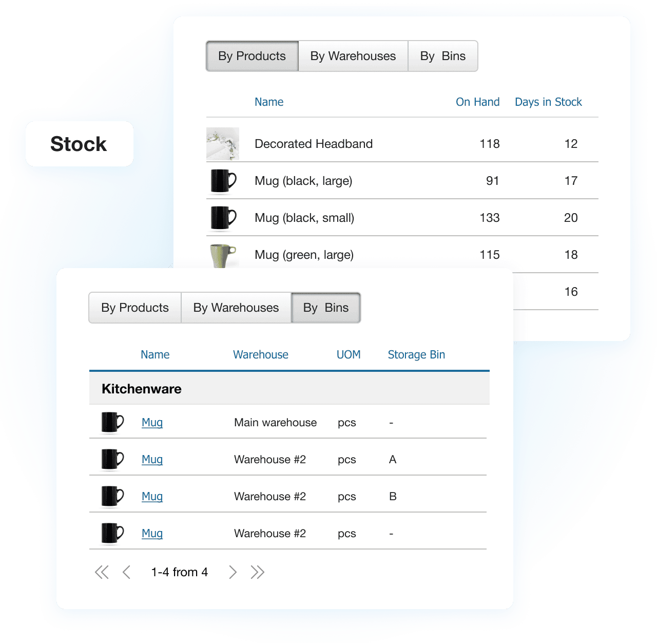 Stock movement reports with filters by products, warehouse, or bins