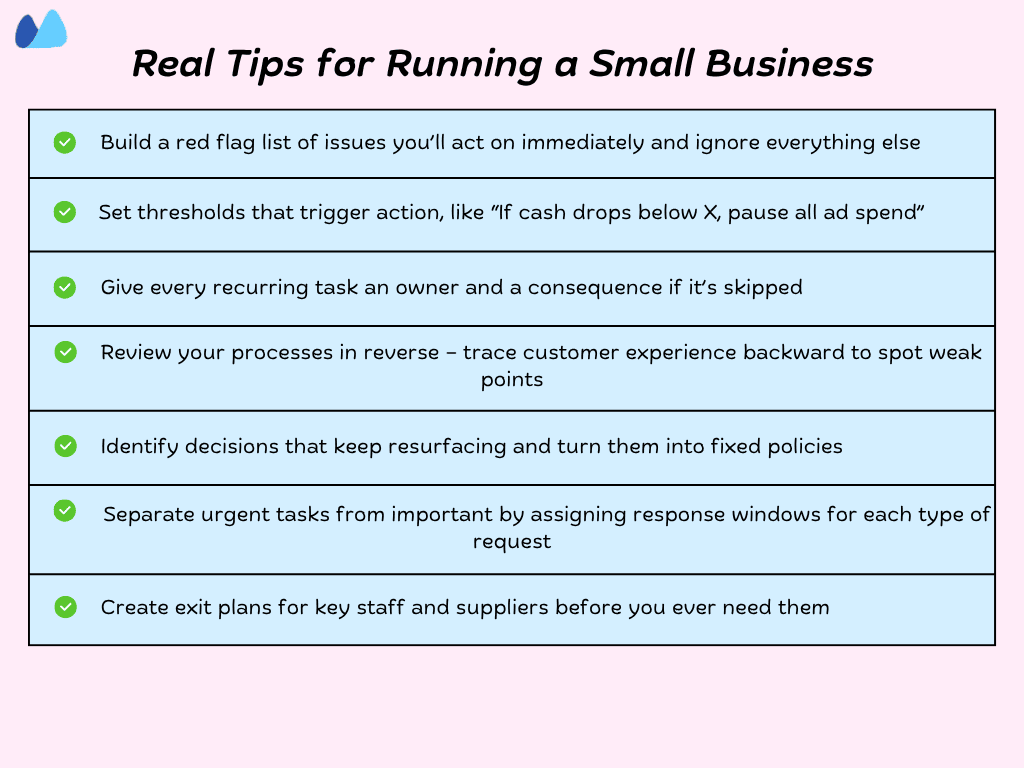 Checklist of effective small business management tips, including issue management, financial thresholds, task ownership, and process review