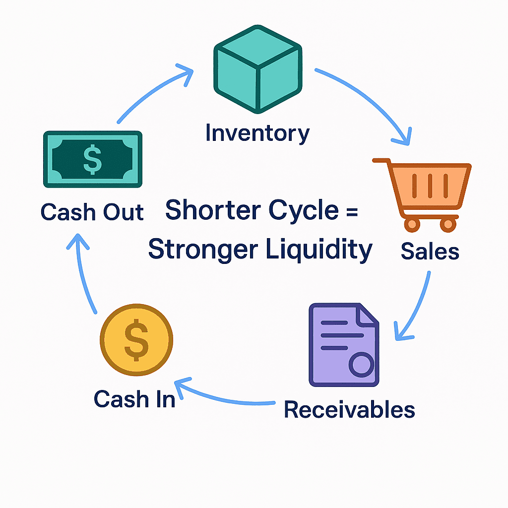 A diagram showing the working capital cycle with five stages: cash out, inventory, sales, receivables, and cash in, highlighting that a shorter cycle improves liquidity.