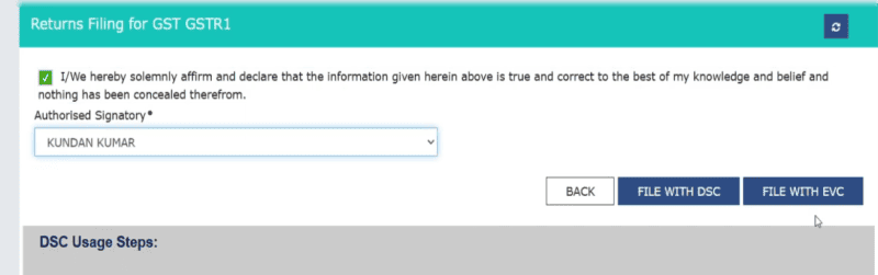 A screenshot showing the details of declaration to be signed