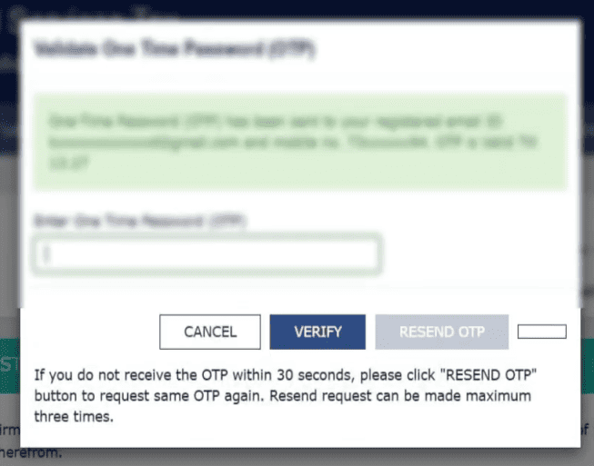 A screenshot showing OTP authentication to confirm GSTR1 filing