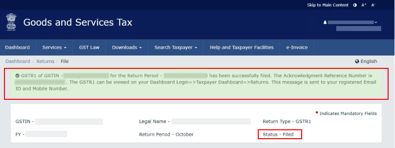 A screenshot showing GSTR1 filed successfully