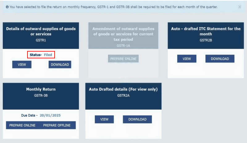 A screenshot showing GST returns dashboard with GSTR1 filed status