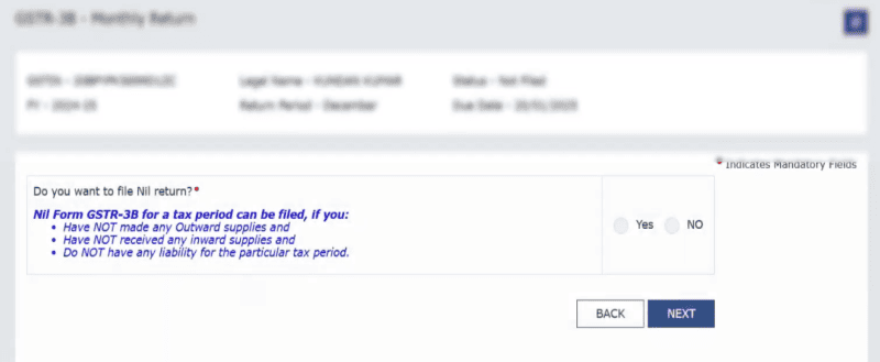 A screenshot showing the option to file NIL return under GSTR 3B