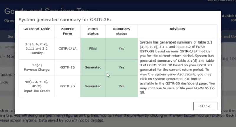 A screenshot showing pop up of summary of returns