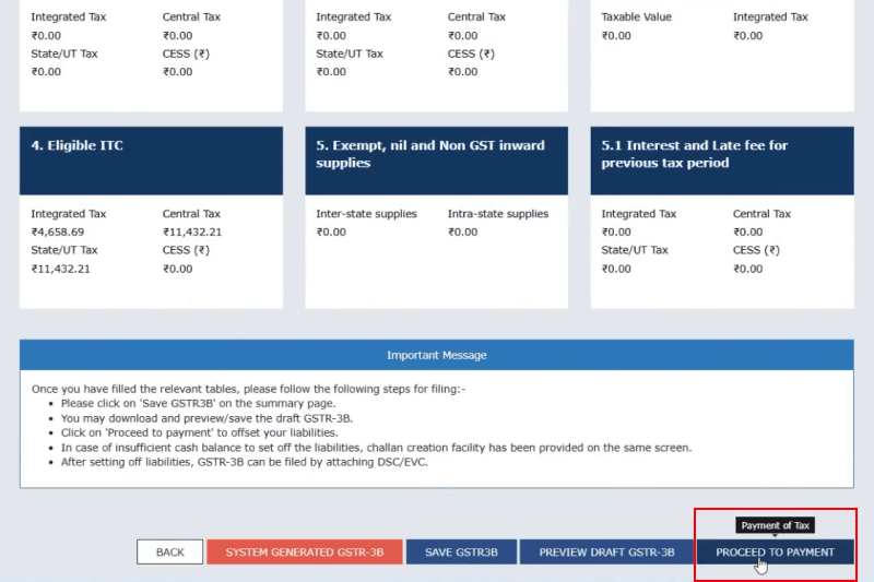 A screenshot showing an option to select proceed GST payment