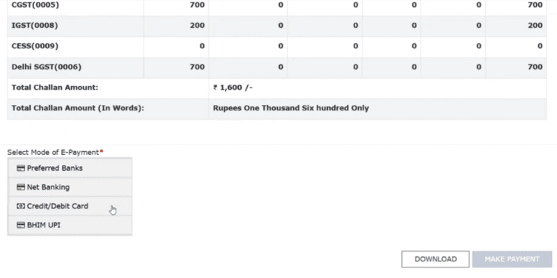 A screenshot showing 4 modes under E-payment option