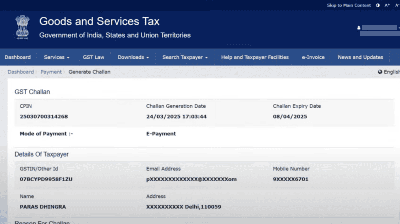 A screenshot showing a generated GST challan