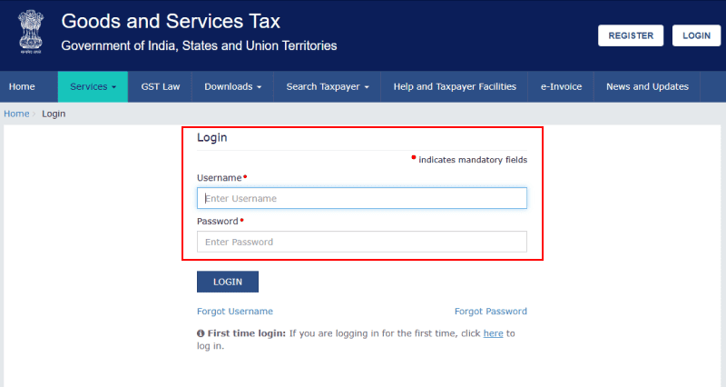 A screenshot showing GST portal login screen