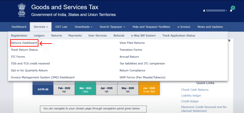 A screenshot showing navigation menu path to returns dashboard