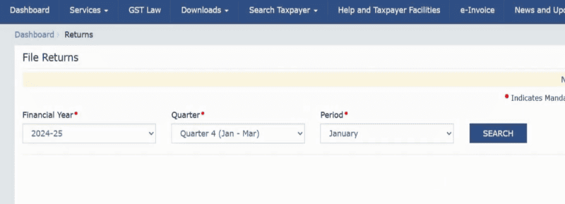 A screenshot showing options to choose the duration to file GSTR