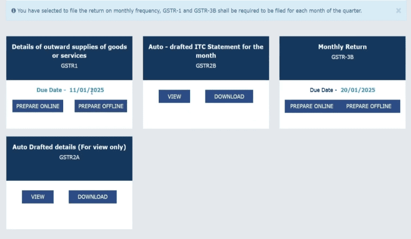 A screenshot showing options to choose different types of GSTR