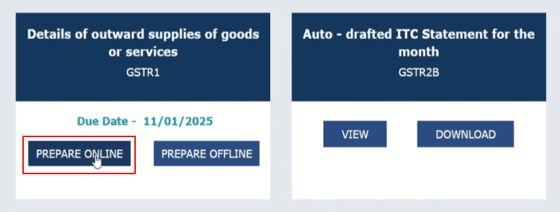 A screenshot showing option to select GSTR1 prepare online