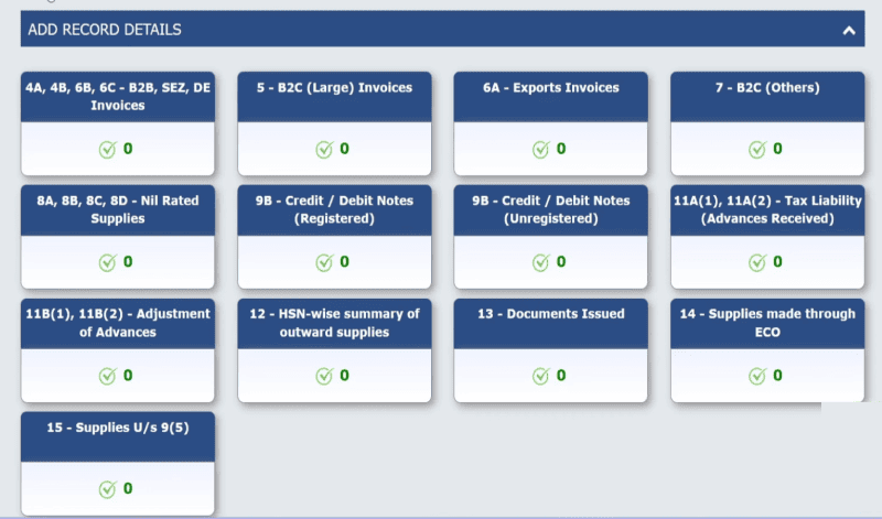 A screenshot showing different heads to add records in GSTR1.
