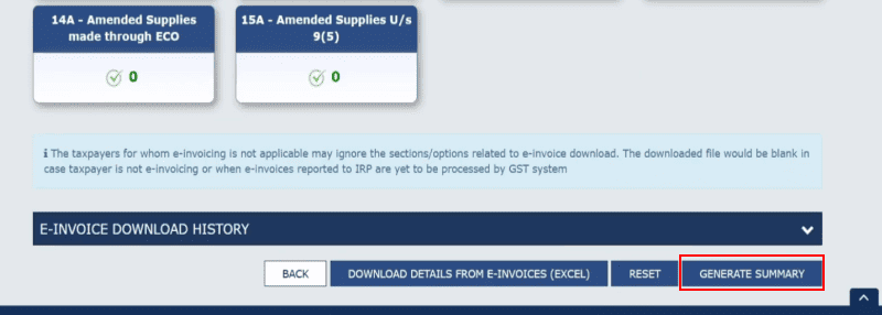 A screenshot showing the option to generate GSTR1 summary