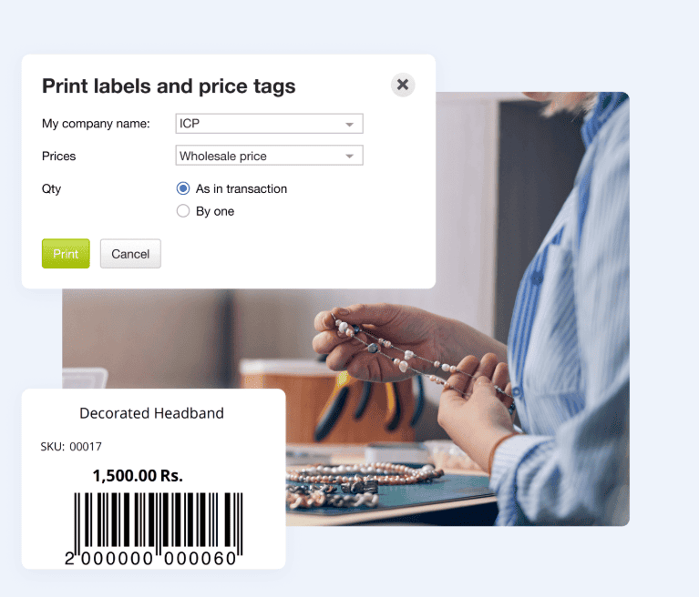 A screenshot of the Kladana composite showing an inventory management software interface for printing barcode labels and price tags.