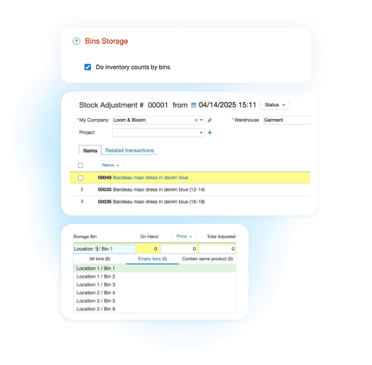 A screenshot of the Kladana composite showing an inventory management software interface for managing storage bins