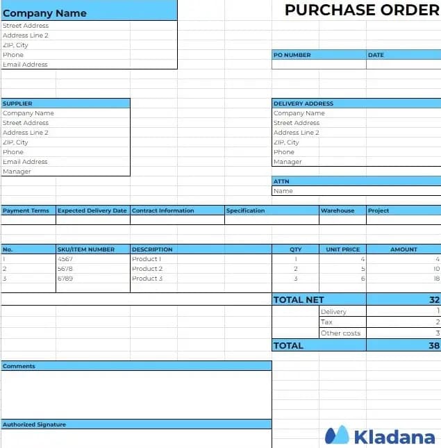 A screenshot of Kladana’s free PO template Google Sheets