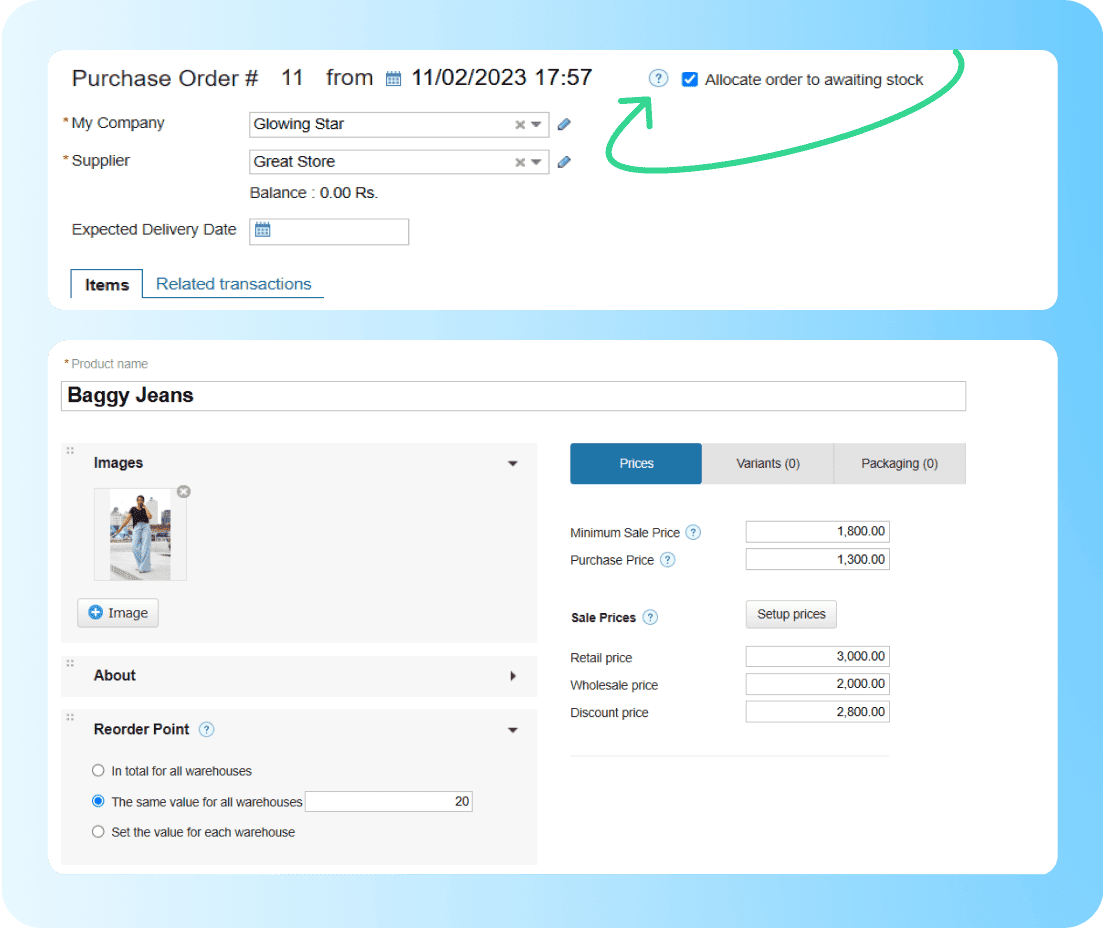 Screenshot of a purchase order in Kladana showing supplier, items, quantities, costs, and order status