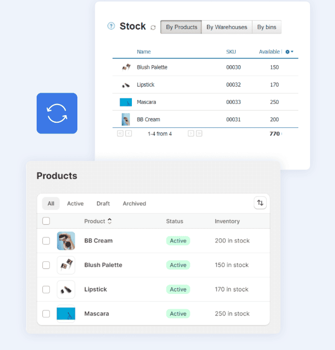 Screenshot of Shopify inventory in Kladana showing stock levels, prices, and sales for furniture items