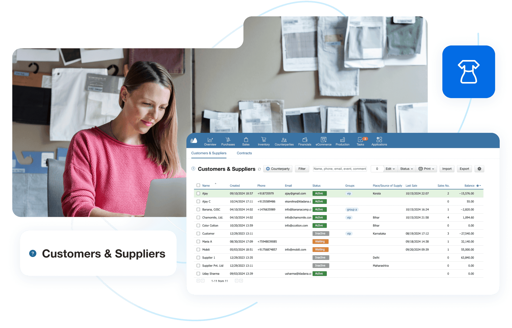 Screenshot of the Kladana software showing a list of customers and suppliers with columns for Name, Creation Date, Phone, Email, Status (Active/Waiting/Inactive), Group, Place of Supply, Last Sale date, Sales No., and Balance