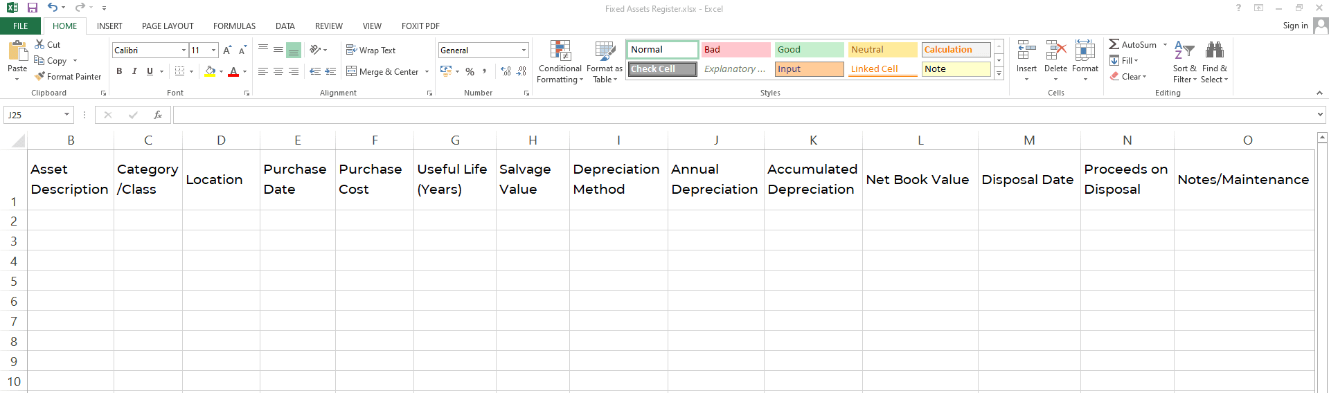 Setting up column headers for fixed assets register Setting up column headers for fixed assets register