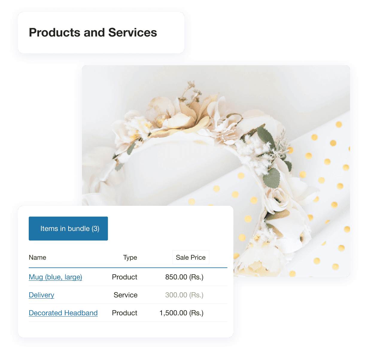 Screenshot of customized item cards in Kladana ERP showing detailed product information and stock tracking