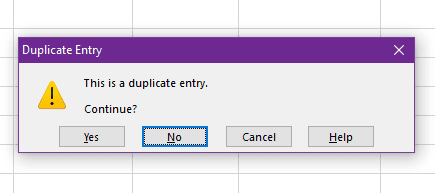 Duplicate entry warning message Duplicate entry warning message