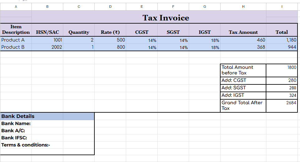 invoice sample in Excel format with tax fields and GSTIN