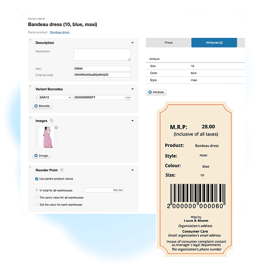 A screenshot of the Kladana manufacturing inventory software, showing a product detail page for a dress variant and a generated barcode label preview with pricing, product attributes, and manufacturer details