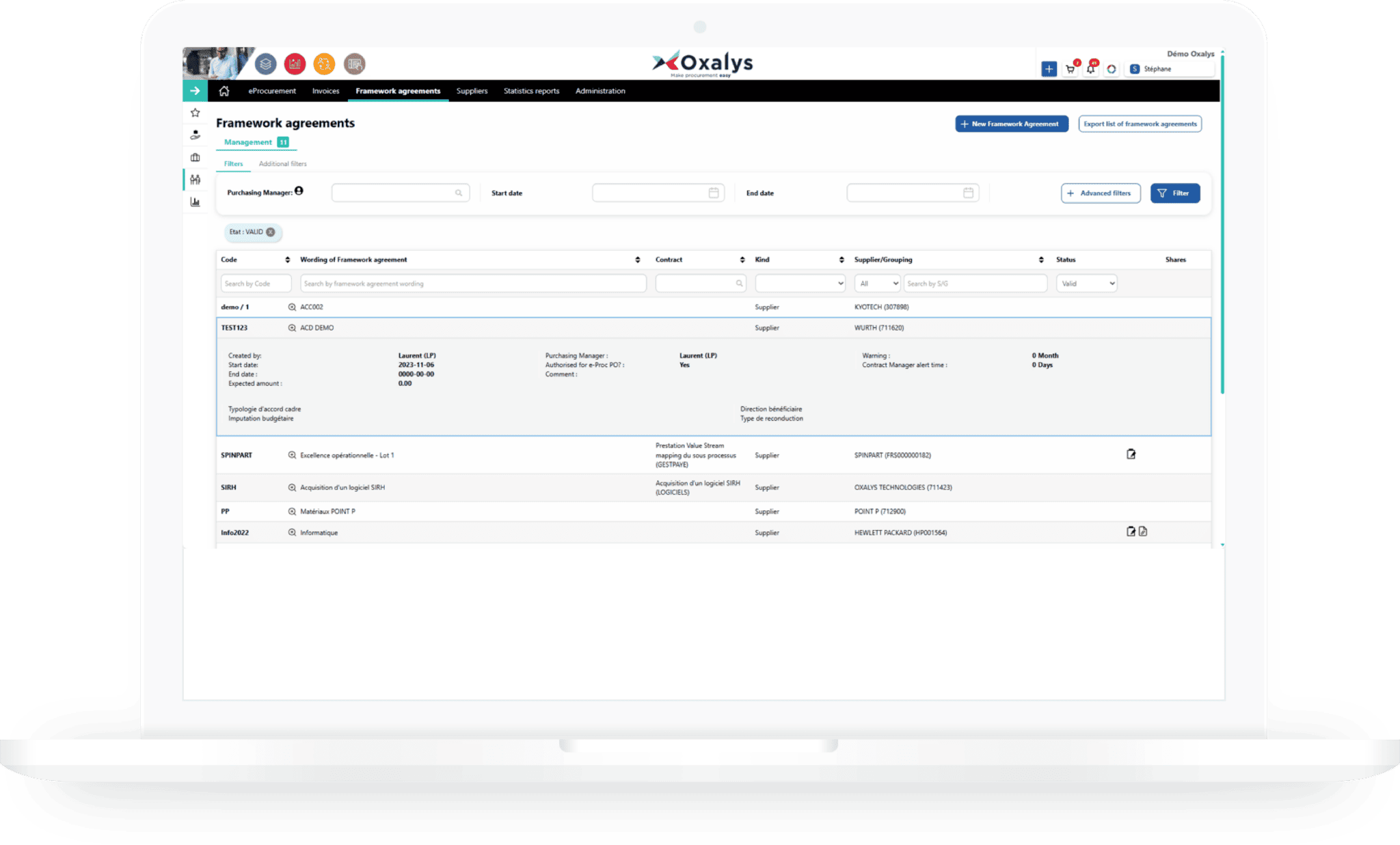 Mockup of Framework Agreements Repository in Oxalys Contract Management Screenshot of Oxalys software showing the framework agreements repository with list of supplier contracts, renewal dates, price schedules and amendments