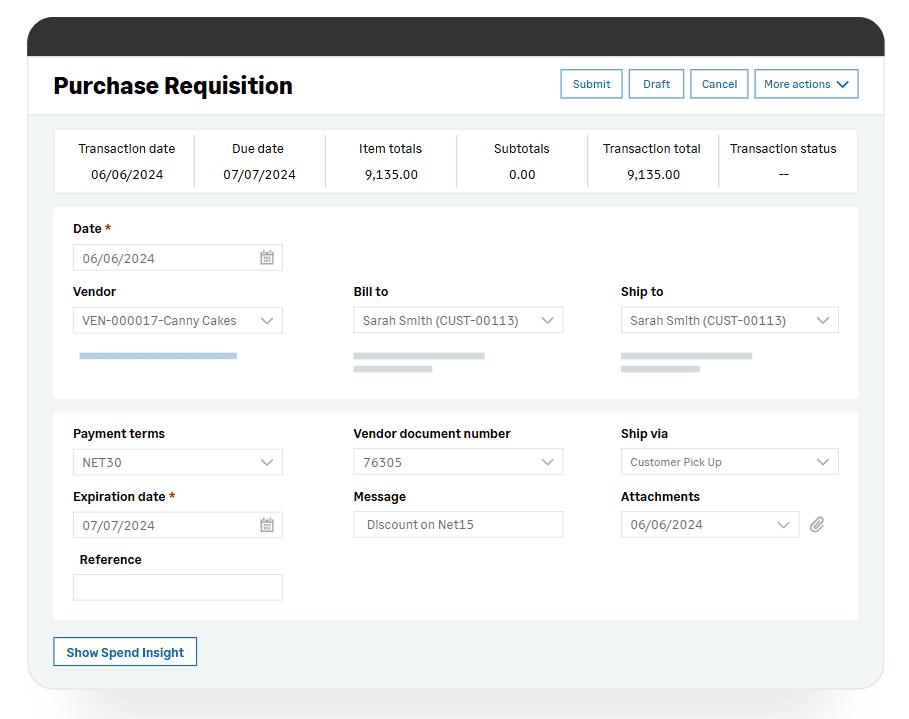 Sage Purchase Requisition Interface with Vendor and Payment Details Screenshot of a Sage purchase requisition form showing transaction date, vendor, billing and shipping info, payment terms, expiration date, and total amount of $9,135.00.