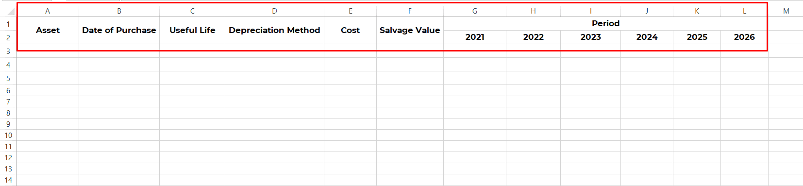Setting up column headers for depreciation schedule Setting up column headers for depreciation schedule