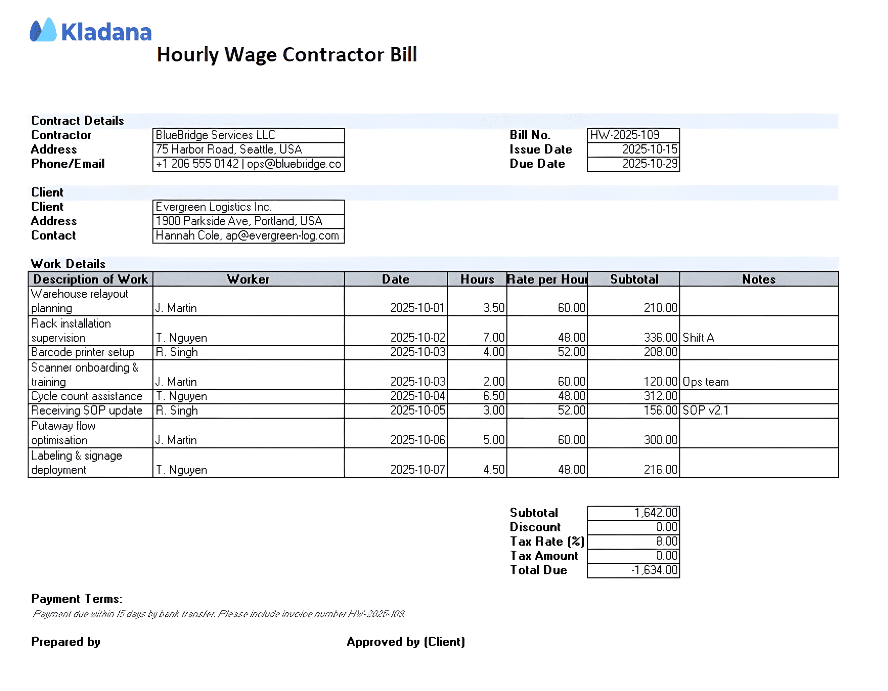 A screenshot showing the part of the contractor invoice template excel with company details