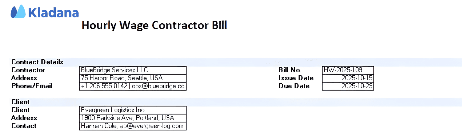 A screenshot showing the part of the work contract bill excel template with company details