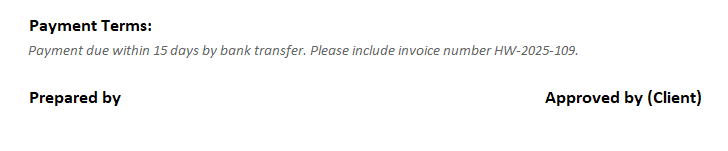 A screenshot showing the part of the labour payment bill format with payment terms and signatures