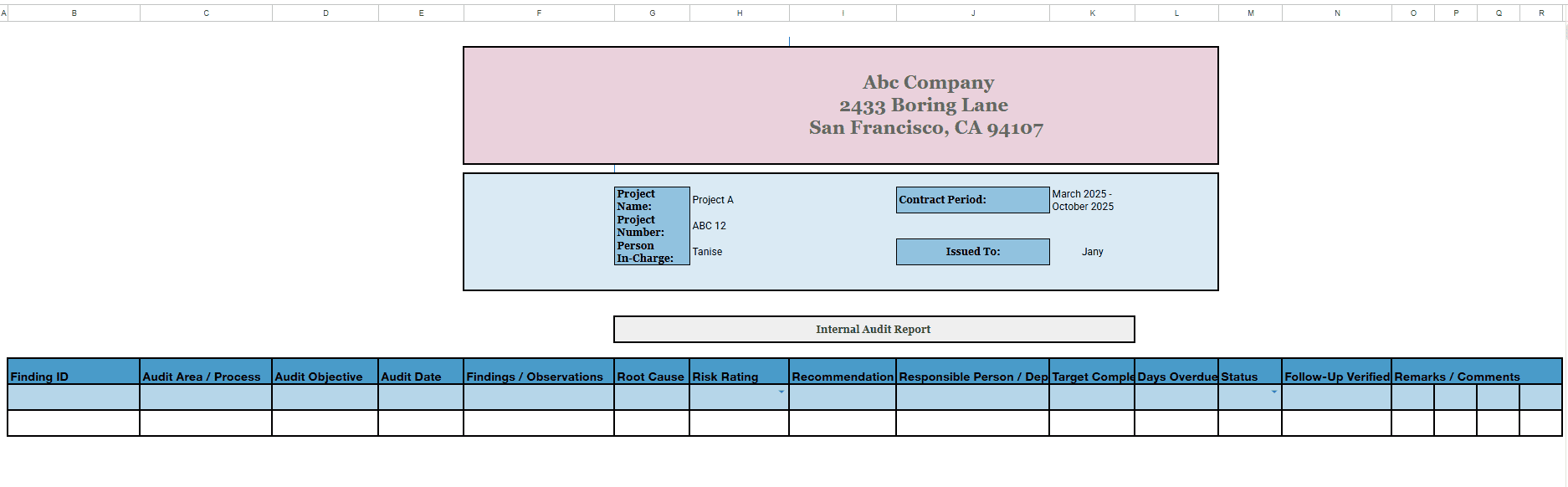 internal audit report Excel layout screenshot, findings and action plan Excel template