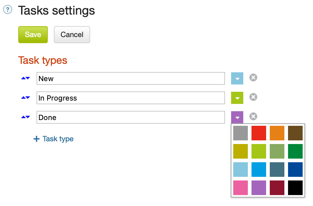 Kladana task types settings screen with New, In Progress, and Done stages and color selection options