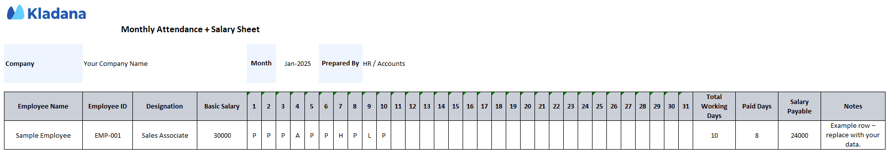 Excel monthly attendance and salary sheet template showing employee details, daily attendance codes, working days, paid days, and salary payable.