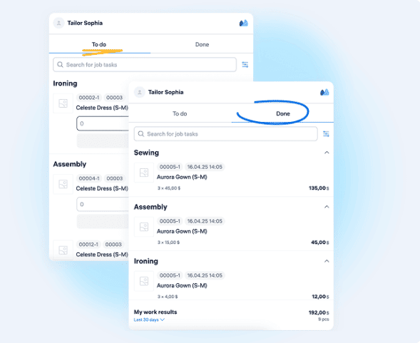 Shop Floor App view for a worker showing assigned operations like sewing, assembly, and ironing, along with task-based earnings for a selected time period