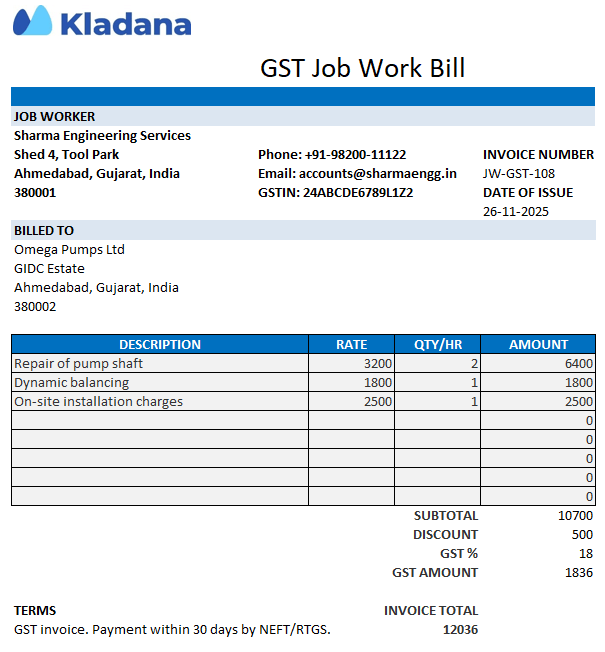 Filled GST job work billing sheet in Excel showing job worker details, billed-to information, service descriptions, rates, quantities, GST percentage, GST amount, subtotal, and total invoice value.