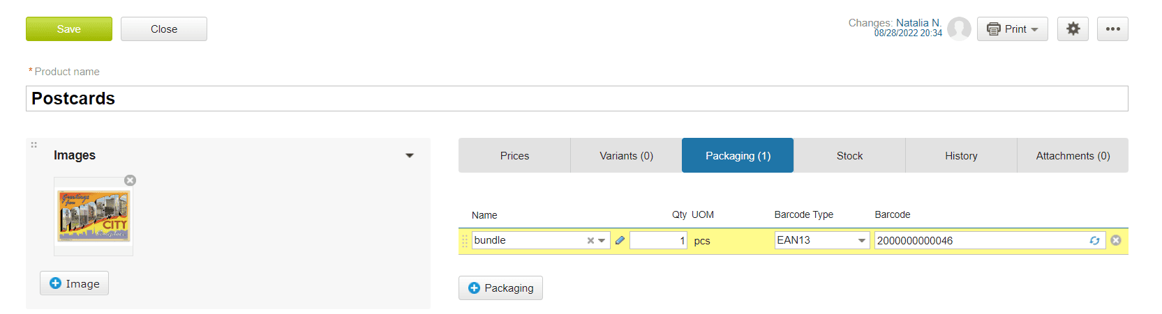 Screenshot of the product packaging tab in Kladana showing how to assign a barcode (EAN13) to a packaging unit for the item “Postcards,” including quantity, UOM, and barcode number