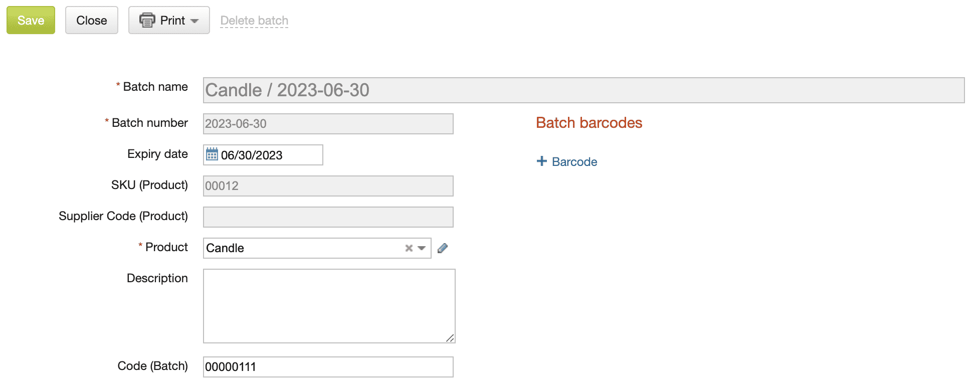 Screenshot of a product batch card showing batch name, batch number, expiry date, SKU, supplier code, and batch barcode fields