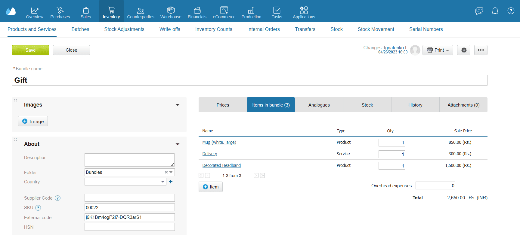 Screenshot of a bundle item card in Kladana showing the bundle name, SKU, and a list of components including products and services with quantities and sale prices