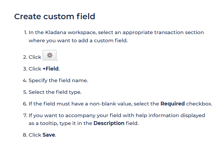 Screenshot showing the steps to create a custom field in Kladana, including adding a new field, selecting the type, and setting it as required