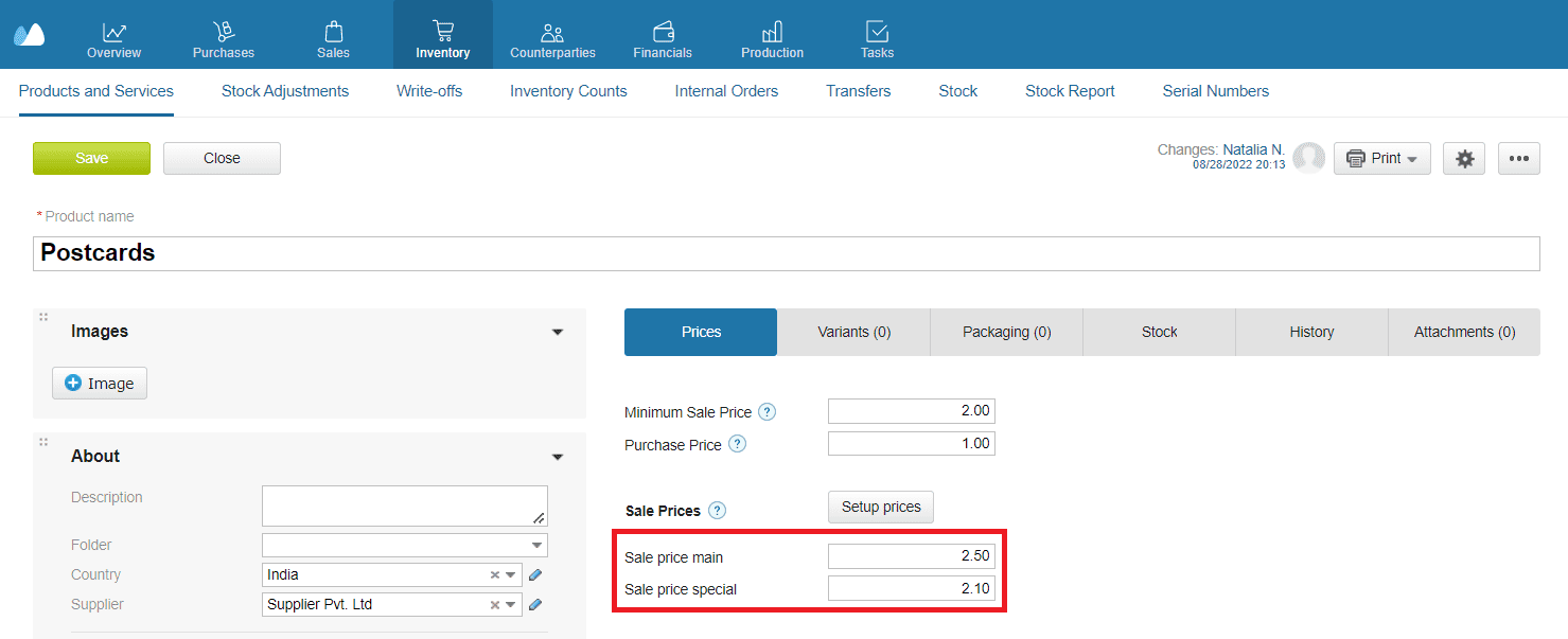 Screenshot of product price settings showing minimum sale price, purchase price, and two sale price levels (main and special) inside the Kladana product card