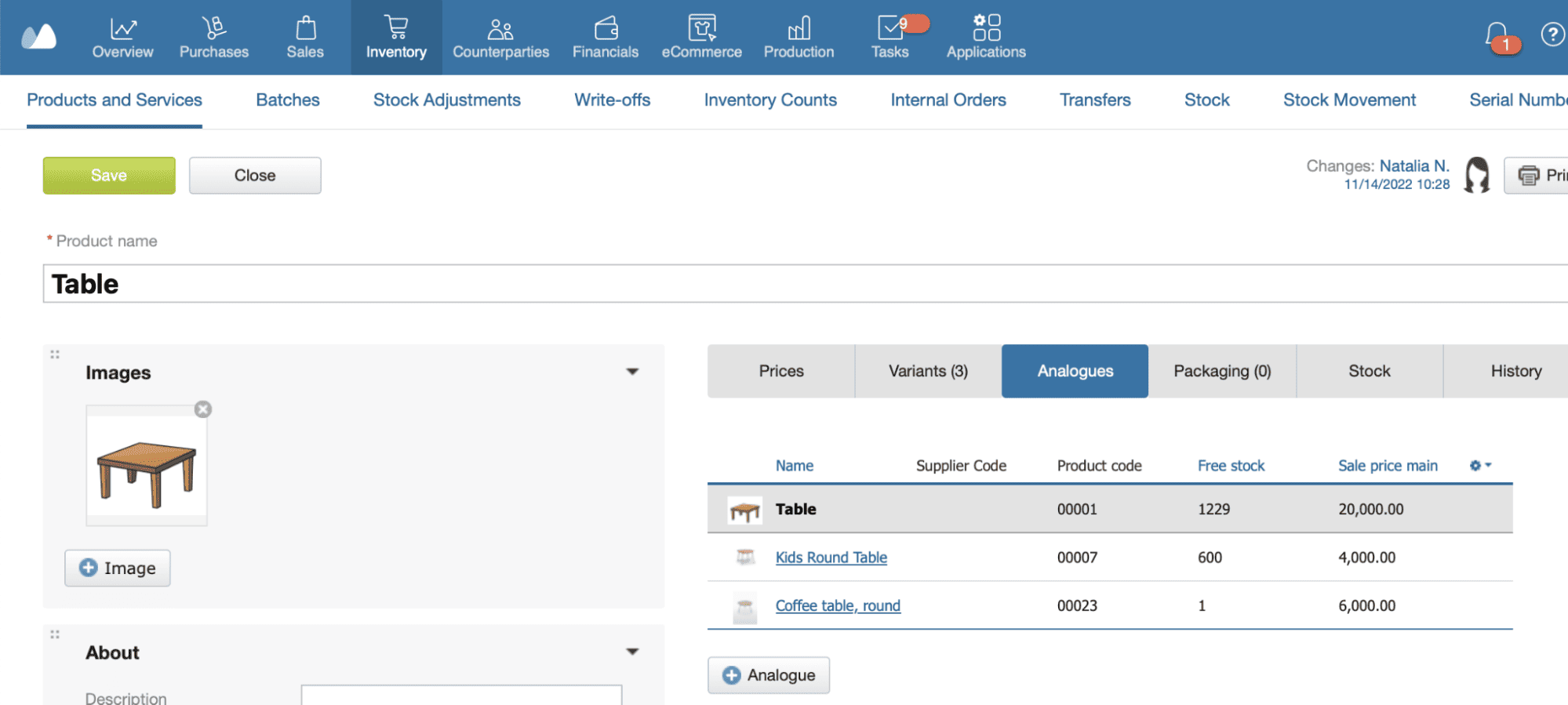 Screenshot of the product card showing the “Analogues” tab with a table of alternative items, including supplier codes, product codes, free stock, and sale prices
